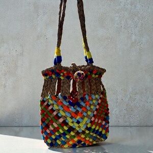 Vtg Chindi Woven Jute Tote Straw Multicolored Boho Chic Beach Bag Resort Festi